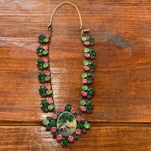 Vintage Flamingo Cameo Rhinestone Bib Necklace